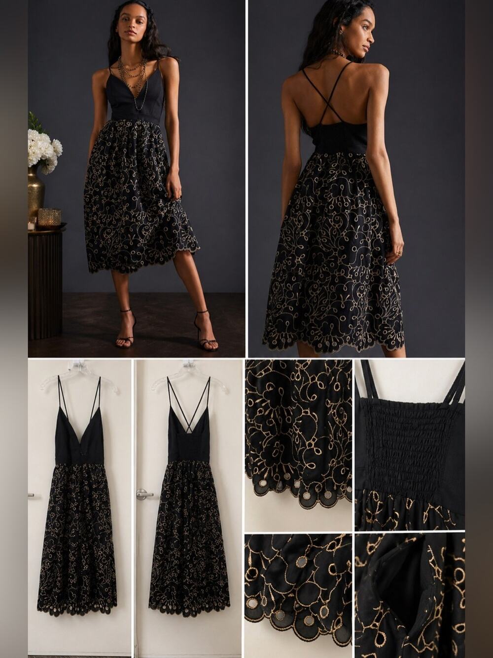 Maeve Anthropologie Midi Dress Eyelet Black Gold Embroidered Medium NWT
